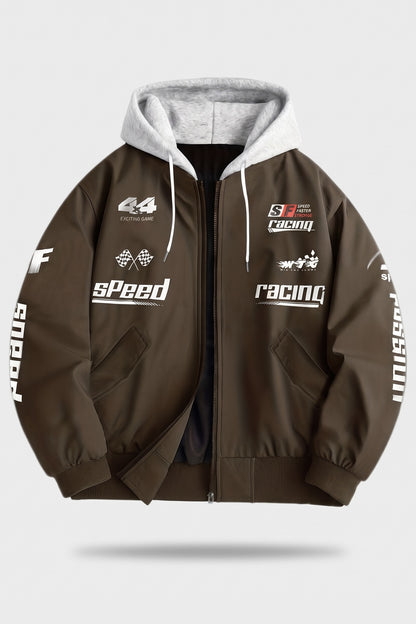 Men's hooded bomber jacket with racing graphic print and ribbed cuffs – Coffee Brown — packshot