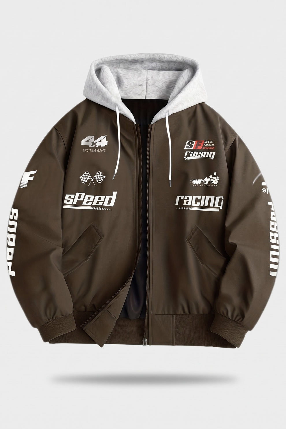 Men's hooded bomber jacket with racing graphic print and ribbed cuffs – Coffee Brown — packshot