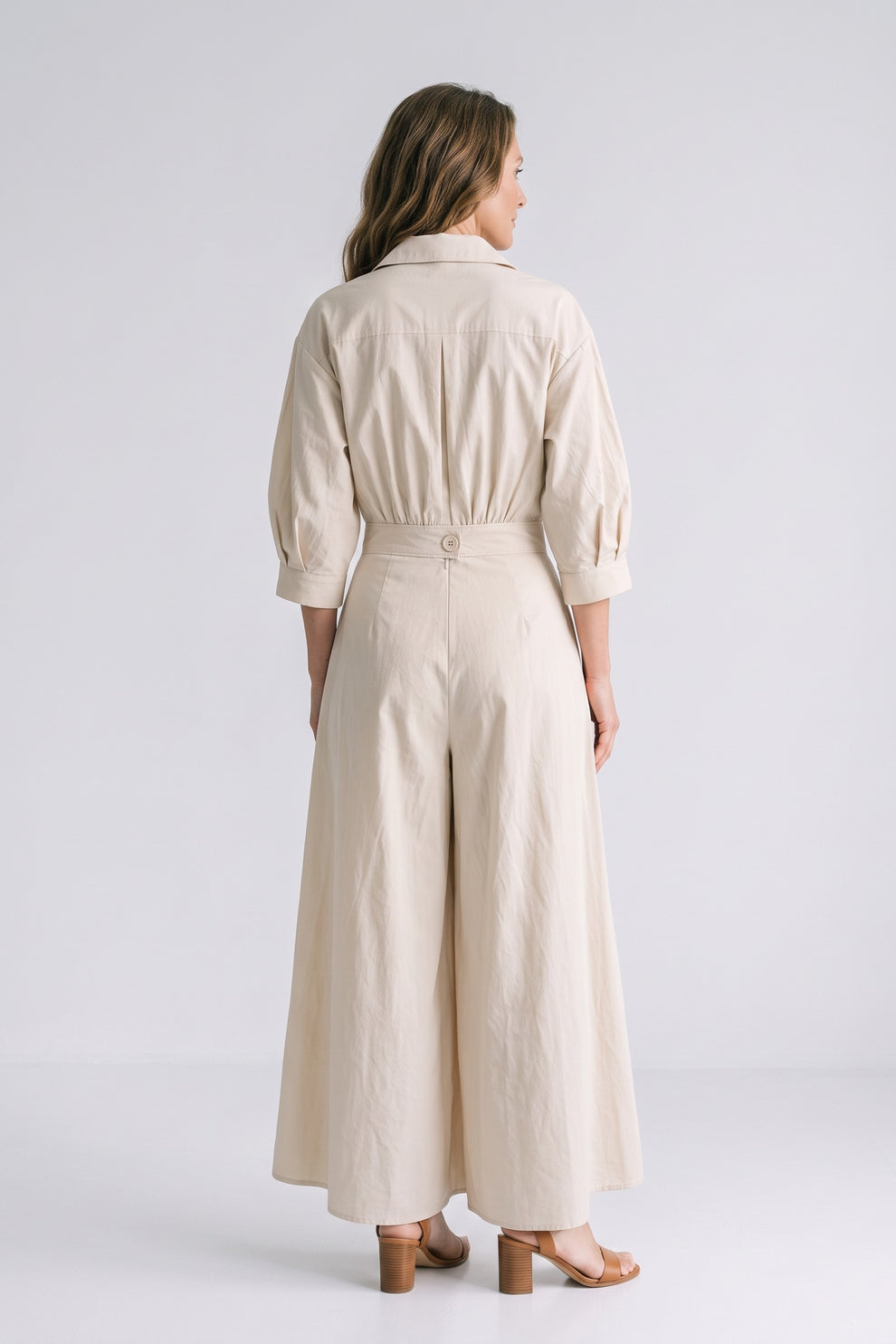 Women's Fall Wedding Guest Dress | Plus Size Long Sleeve Maxi Shirt — Cream — back view — on model