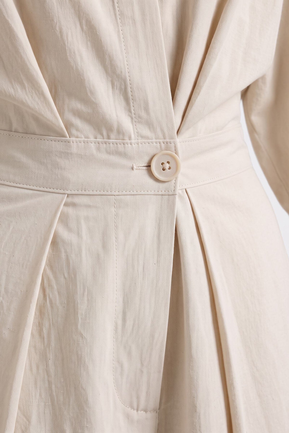 Women's Fall Wedding Guest Dress | Plus Size Long Sleeve Maxi Shirt — Cream — detail — on model