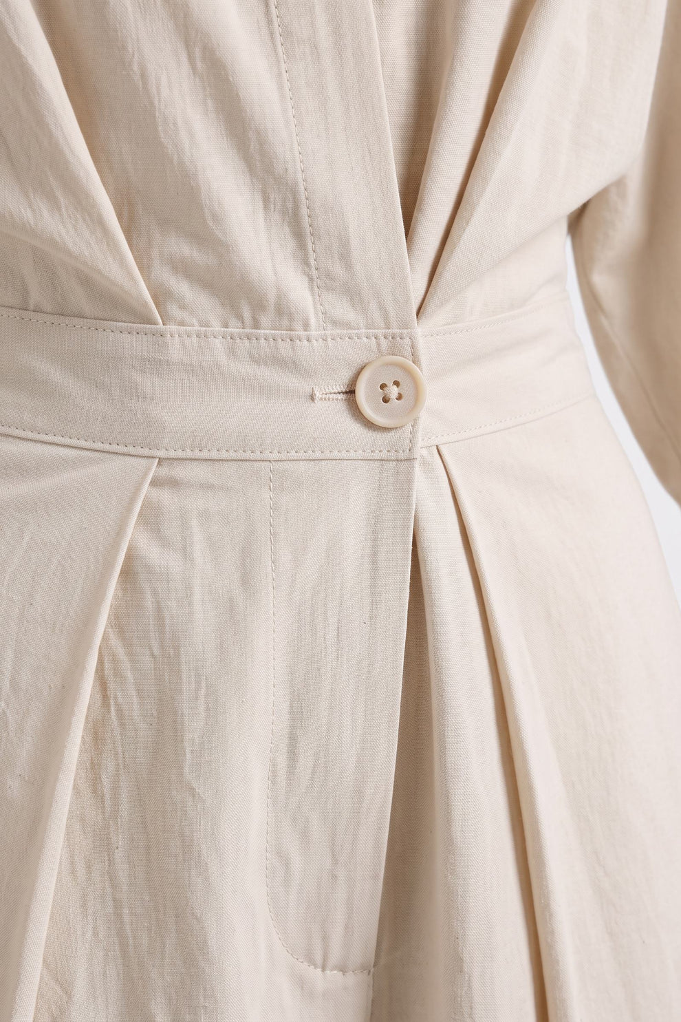 Women's Fall Wedding Guest Dress | Plus Size Long Sleeve Maxi Shirt — Cream — detail — on model