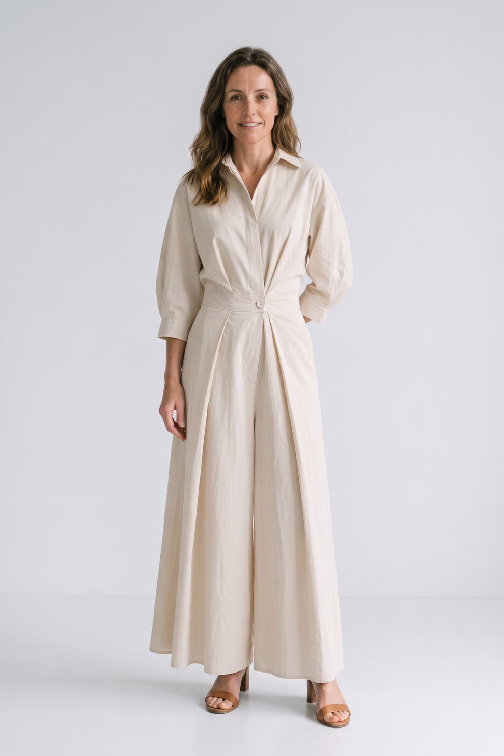 Women's Fall Wedding Guest Dress | Plus Size Long Sleeve Maxi Shirt — Cream — front view — on model