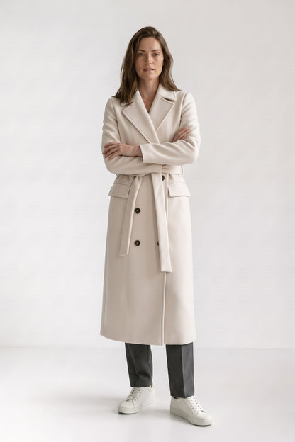 Women's Belted Coat | Double-Breasted — Cream — front view — on model