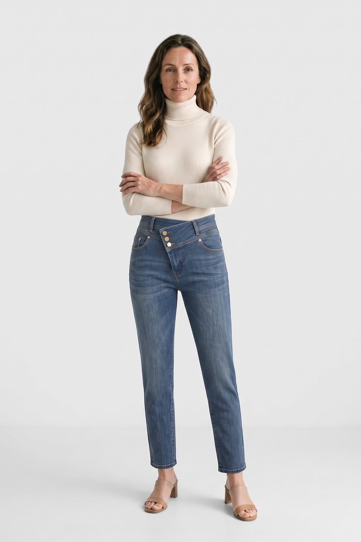 Women's Fitted Turtleneck Sweater | Ribbed — Cream — front view — on model