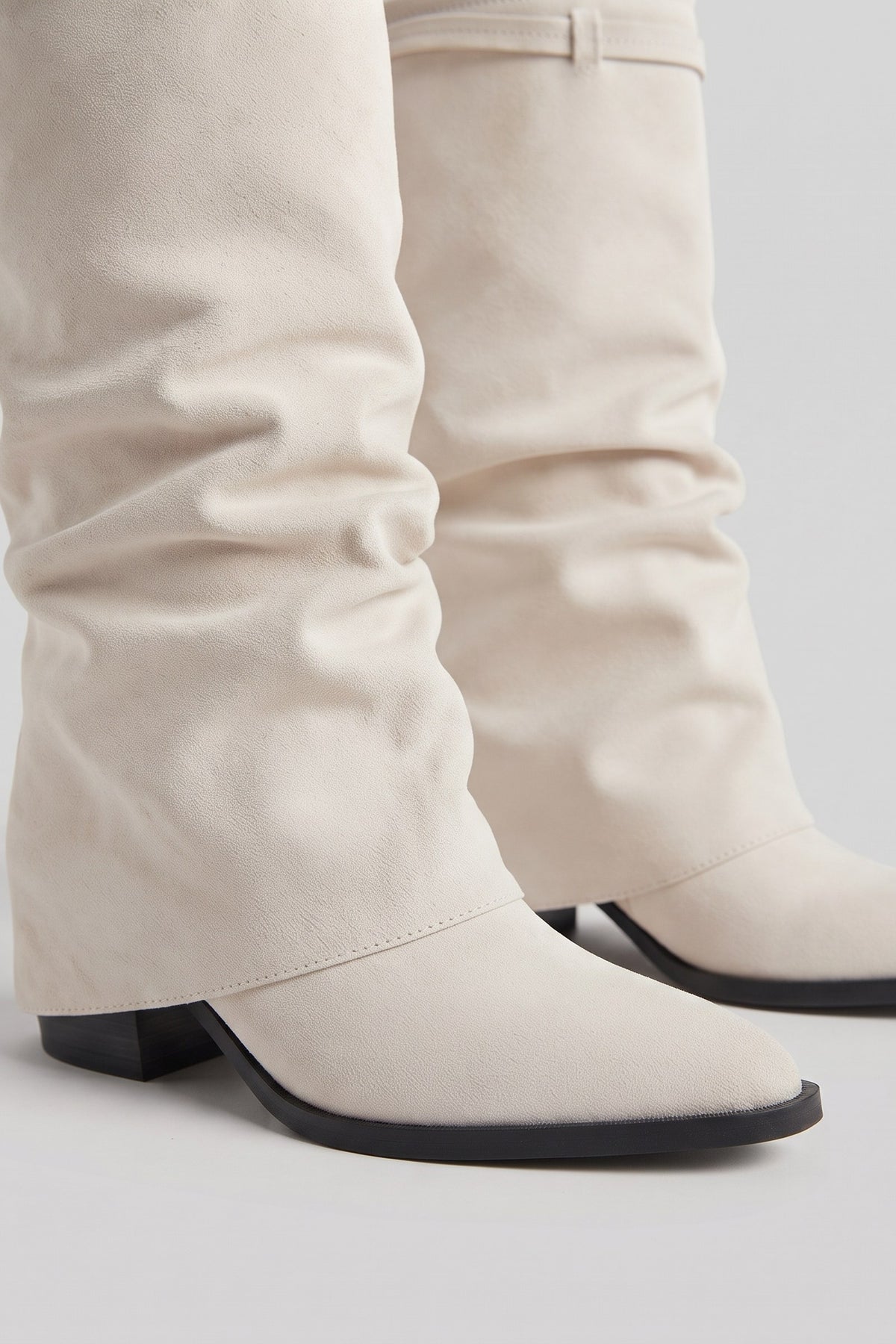 Women's Fold-Over Boots | Knee-High — Cream — shoe_detail — on model