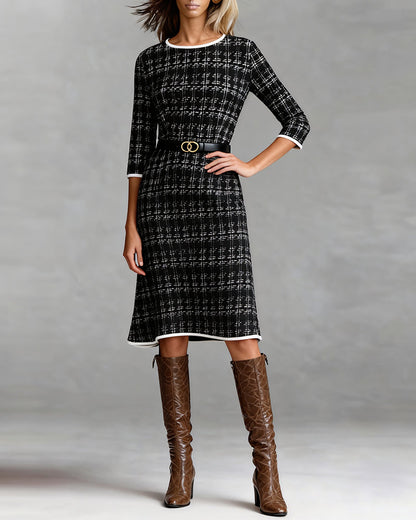 Women's midi dress with round crew neckline, three-quarter sleeves, and plaid pattern – 3