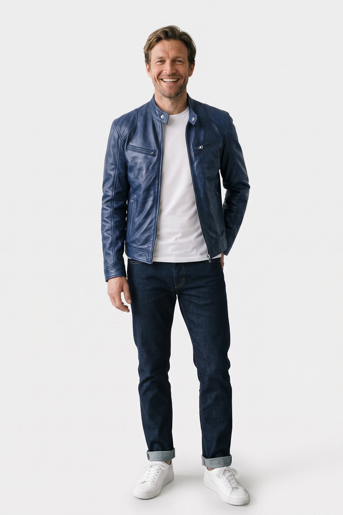 Men's Biker Jacket | Stand-Up Collar — Dark Blue — front view — on model