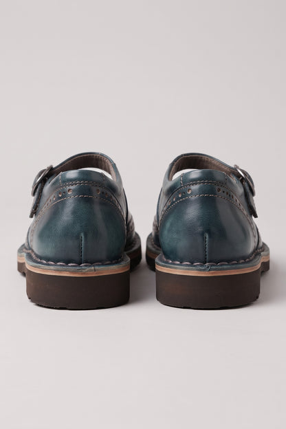 Women's Vintage Mary Jane Shoes | Brogue — Dark Blue — shoe_back — on model