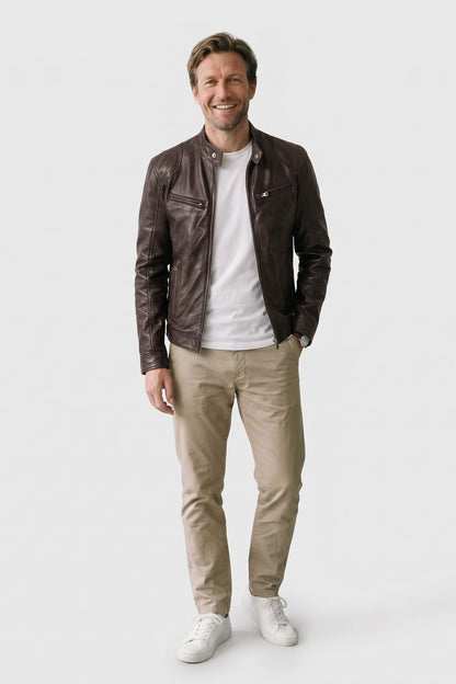 Men's Biker Jacket | Stand-Up Collar — Dark Brown — front view — on model