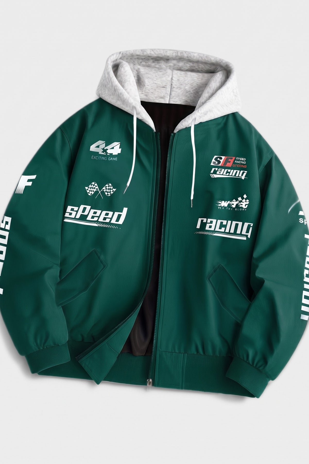 Men's hooded bomber jacket with racing graphic print and ribbed cuffs – Dark Green — packshot