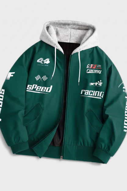 Men's hooded bomber jacket with racing graphic print and ribbed cuffs – Dark Green — packshot