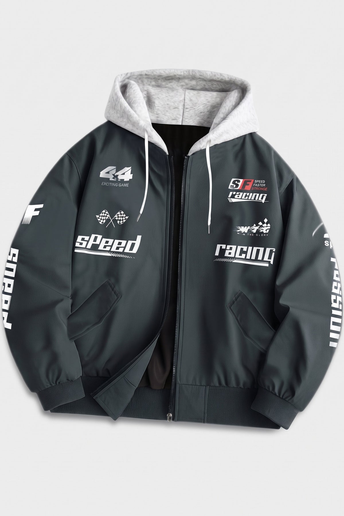 Men's hooded bomber jacket with racing graphic print and ribbed cuffs – Dark Grey — packshot
