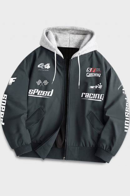 Men's hooded bomber jacket with racing graphic print and ribbed cuffs – Dark Grey — packshot