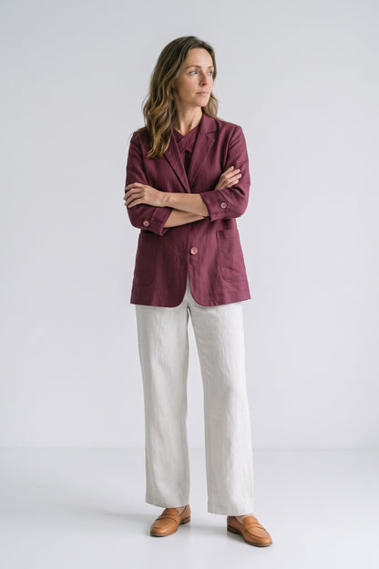 Women's Notched Lapel Blazer | Curved Hem — Dark Red — front view — on model
