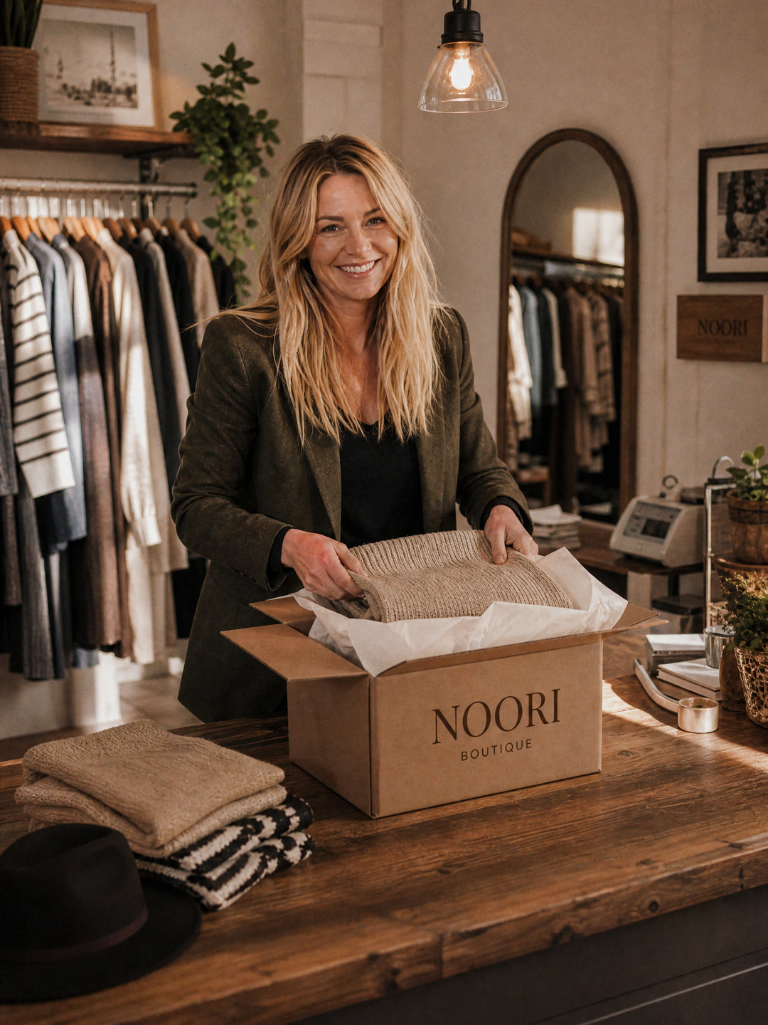 Packing an online order by hand at Noori Boutique