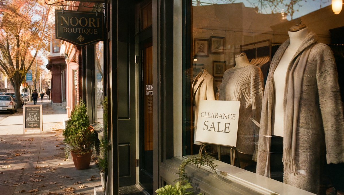 Noori Boutique storefront with clearance sale sign