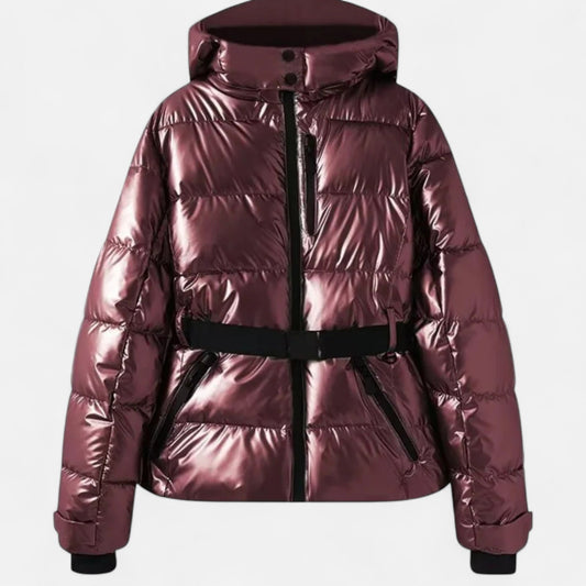 Women's cropped puffer ski jacket with removable hood and waist belt