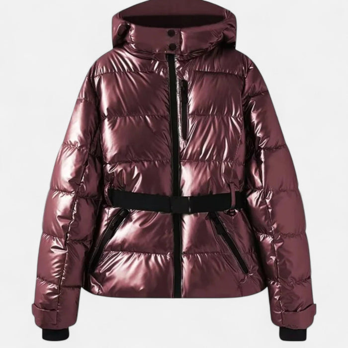 Women's cropped puffer ski jacket with removable hood and waist belt