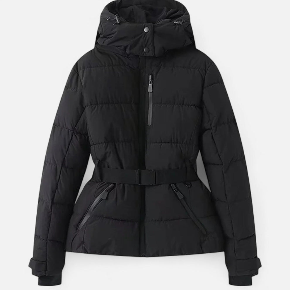 Women's cropped puffer ski jacket with removable hood and waist belt – 3