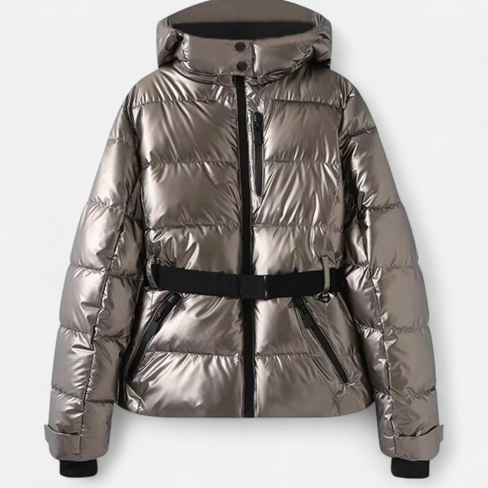 Women's cropped puffer ski jacket with removable hood and waist belt – 4