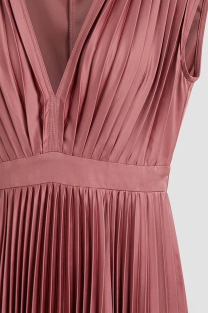 Women's Fall Wedding Guest Dress | Pleated V-Neck Midi — Dusty Rose — detail — on model