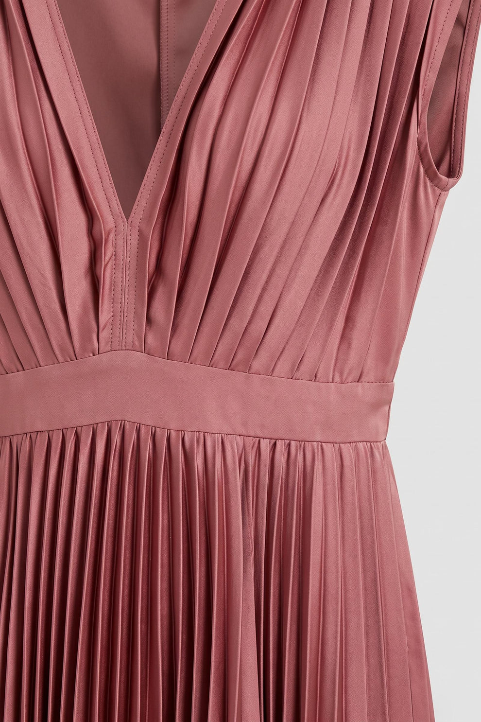 Women's Fall Wedding Guest Dress | Pleated V-Neck Midi — Dusty Rose — detail — on model