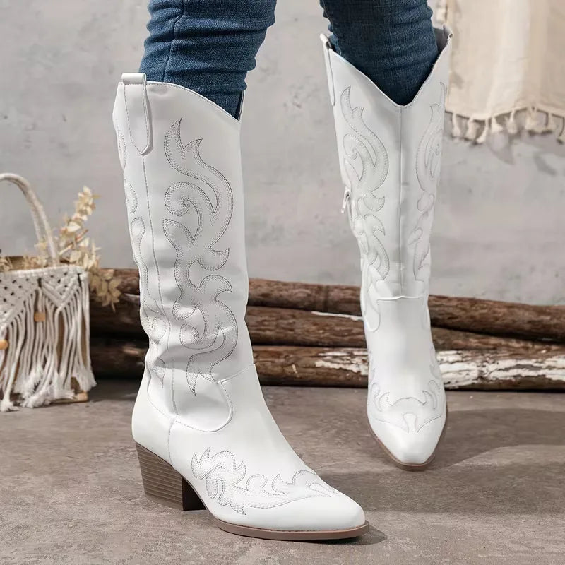 Women's knee-high cowboy boots with pointed toe and scroll embroidery – 15