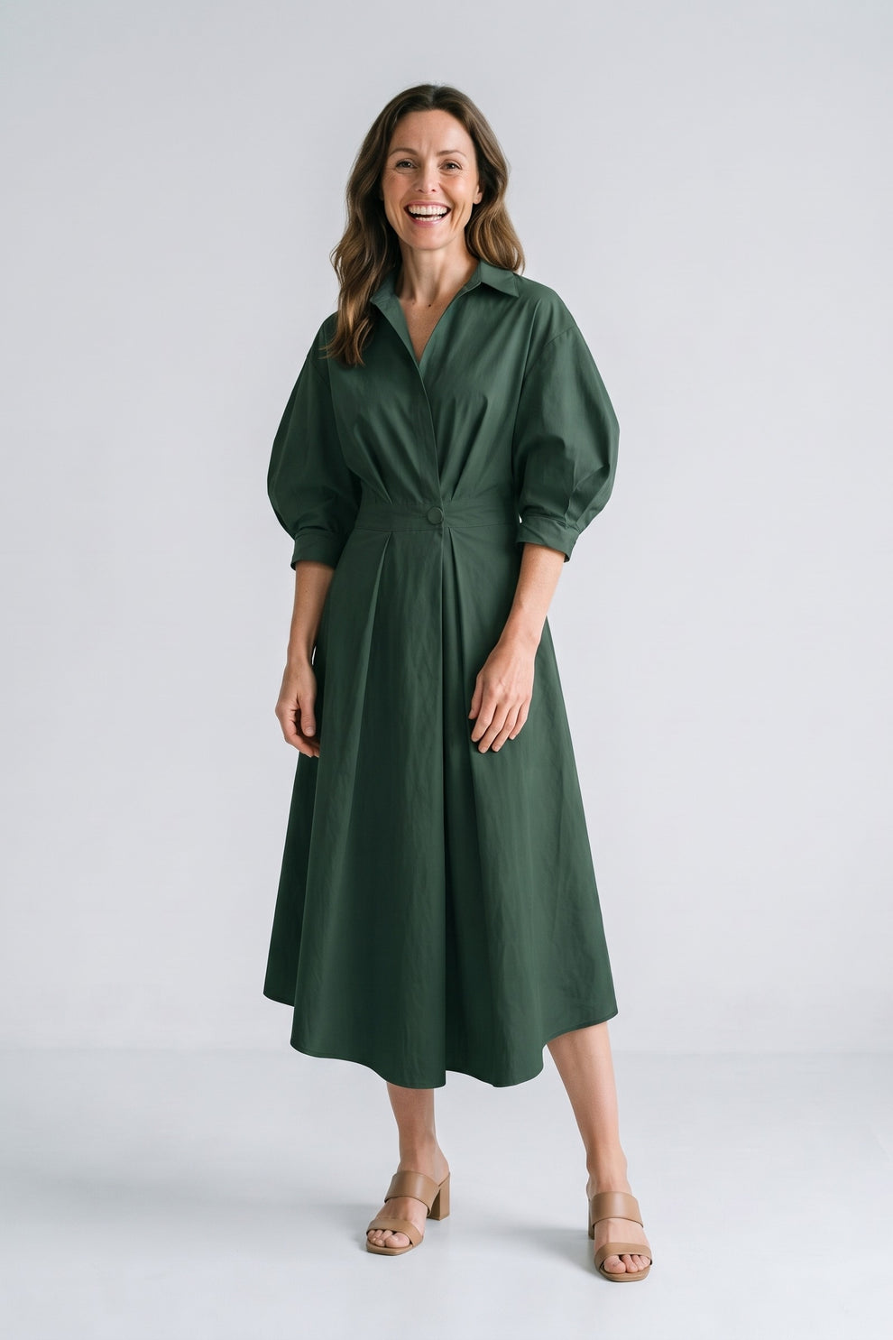 Women's Fall Wedding Guest Dress | Plus Size Long Sleeve Maxi Shirt — Forest Green — front view — on model