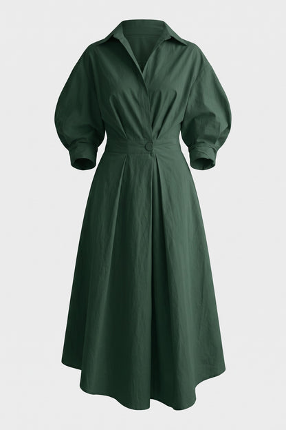 Women's Fall Wedding Guest Dress | Plus Size Long Sleeve Maxi Shirt — Forest Green — packshot