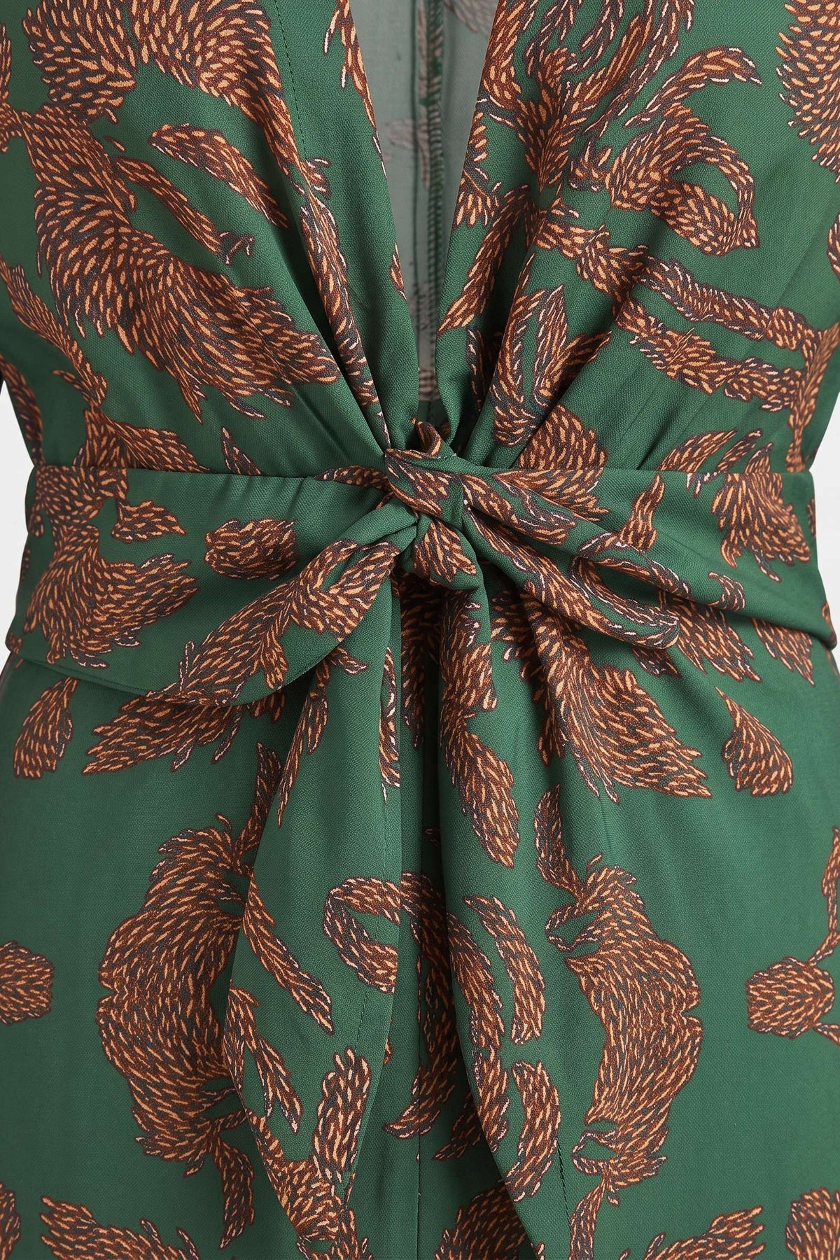 Women's Fall Wedding Guest Dress | Long Sleeve Twist Midi — Green — detail — on model