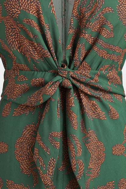 Women's Fall Wedding Guest Dress | Long Sleeve Twist Midi — Green — detail — on model