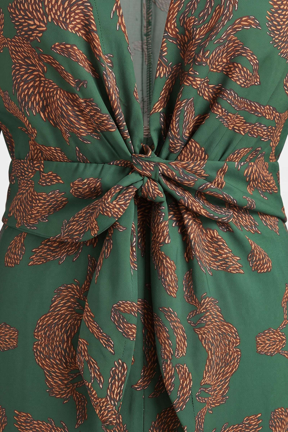 Women's Fall Wedding Guest Dress | Long Sleeve Twist Midi — Green — detail — on model