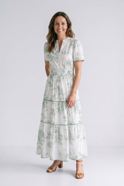 Women's Fall Wedding Guest Maxi Dress | Toile Print Tiered — Green — front view — on model