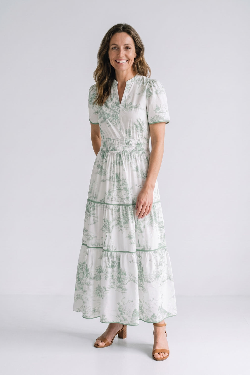 Women's Fall Wedding Guest Maxi Dress | Toile Print Tiered — Green — front view — on model