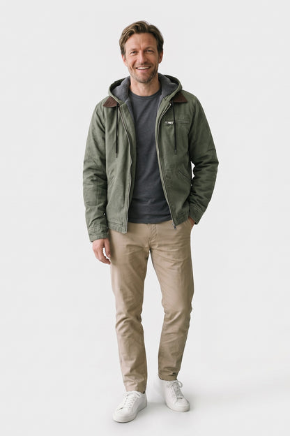Men's Hooded Jacket | Zip Chest Pocket — Green — front view — on model