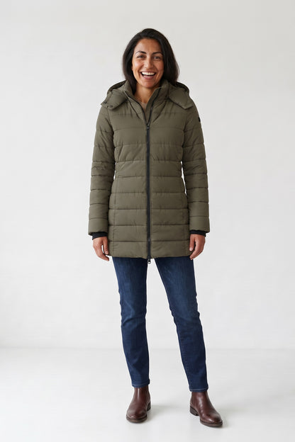 Women's Longline Puffer Coat | Hooded — Green — front view — on model