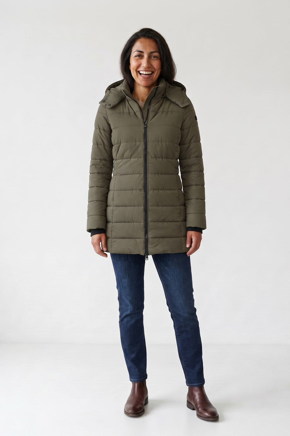 Women's Longline Puffer Coat | Hooded — Green — front view — on model