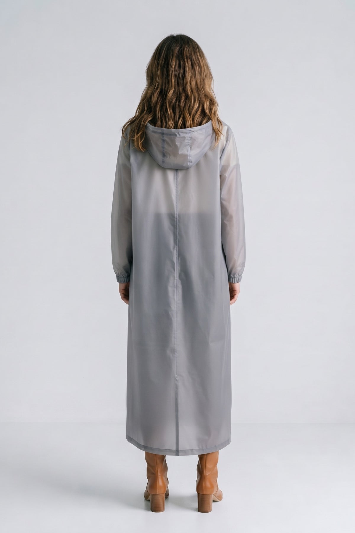Women's Long Hooded Raincoat | Snap Front — Grey — back view — on model