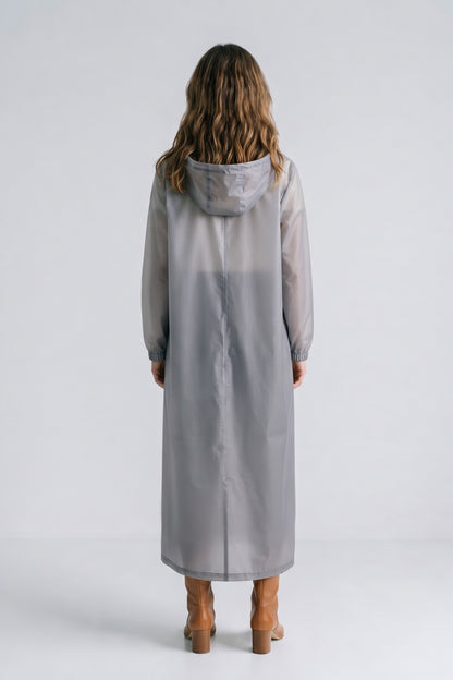 Women's Long Hooded Raincoat | Snap Front — Grey — back view — on model