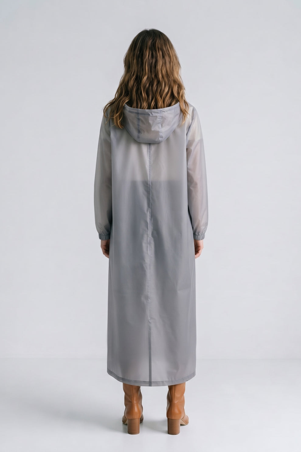 Women's Long Hooded Raincoat | Snap Front — Grey — back view — on model