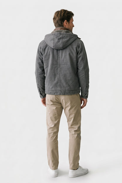 Men's Hooded Jacket | Zip Chest Pocket — Grey — back view — on model