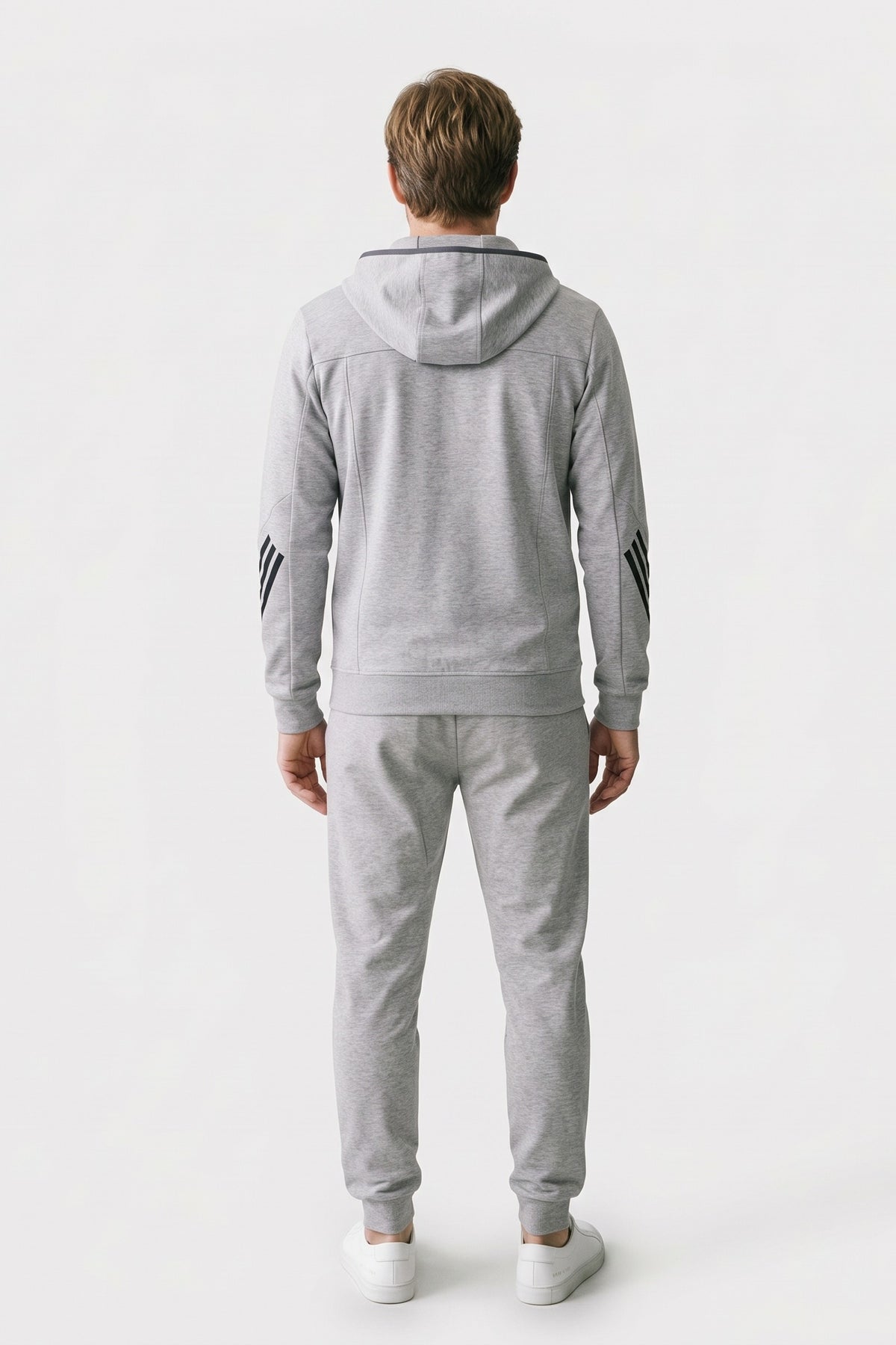 Men's Zip-Up Tracksuit Set | Striped Trim — Grey — back view — on model