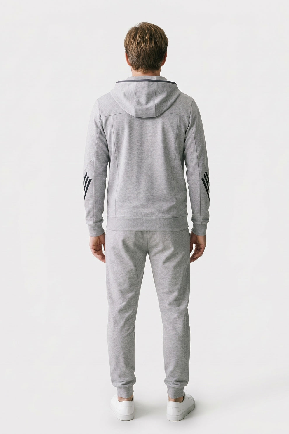 Men's Zip-Up Tracksuit Set | Striped Trim — Grey — back view — on model