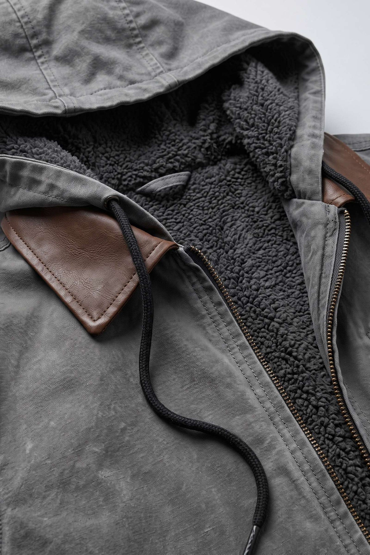 Men's Hooded Jacket | Zip Chest Pocket — Grey — detail — on model