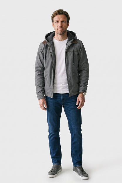 Men's Hooded Jacket | Zip Chest Pocket — Grey — front view — on model