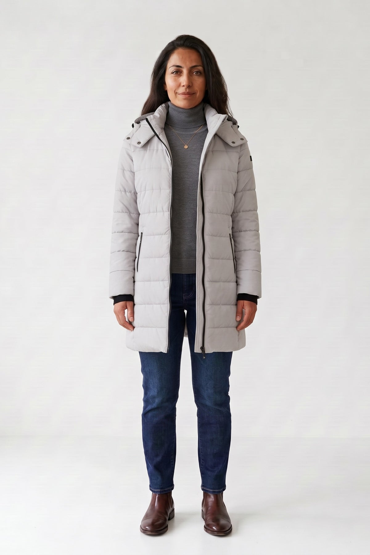 Women's Longline Puffer Coat | Hooded — Grey — front view — on model