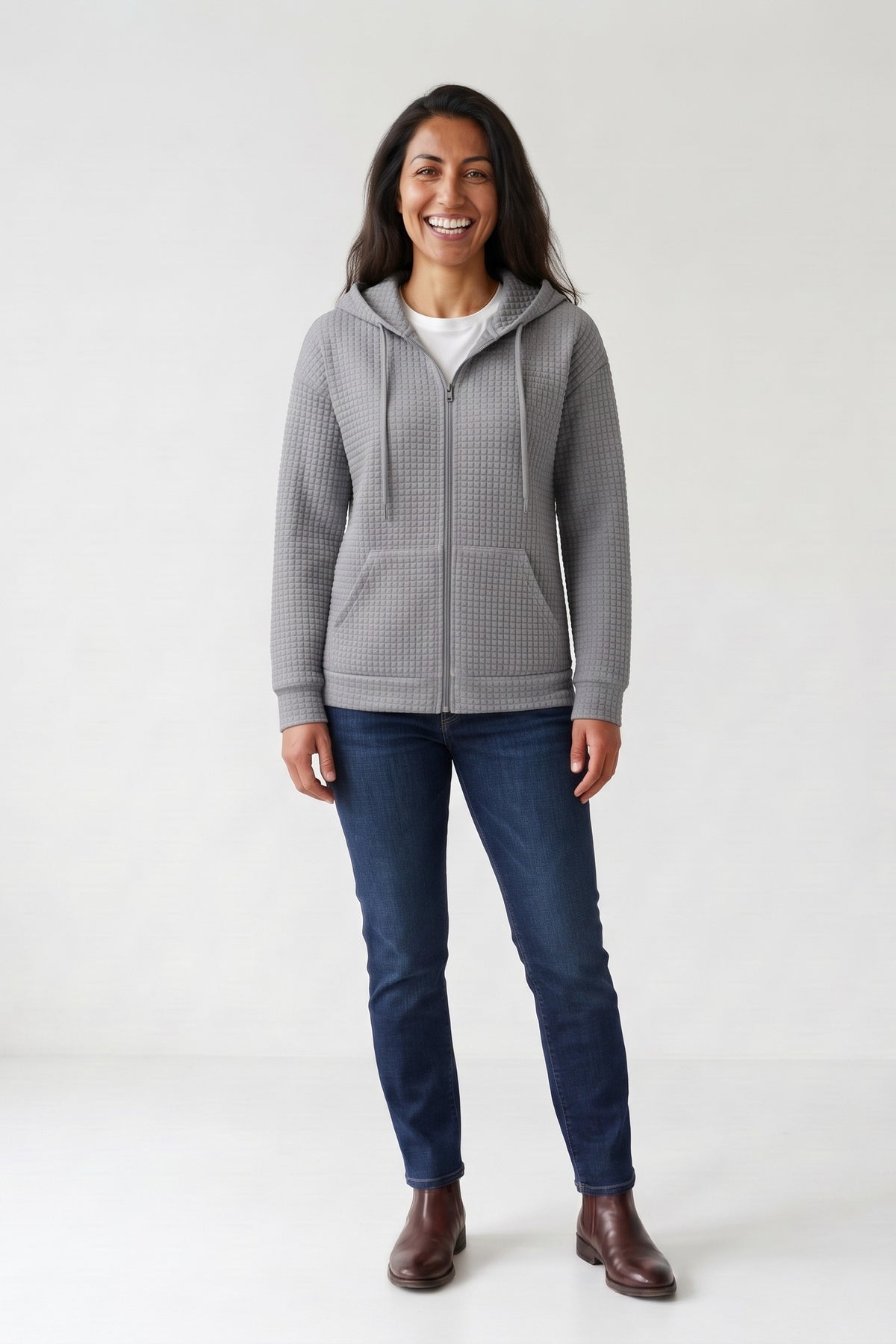 Women's Zip-Up Jacket | Hooded — Grey — front view — on model