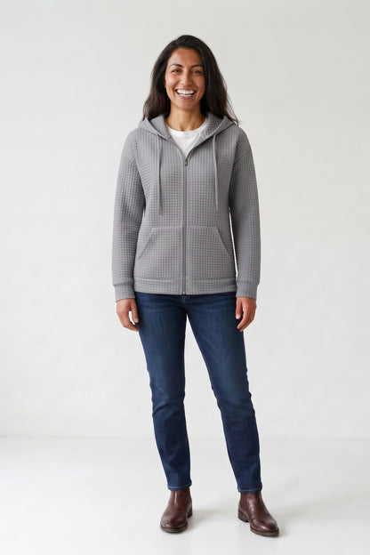 Women's Zip-Up Jacket | Hooded — Grey — front view — on model