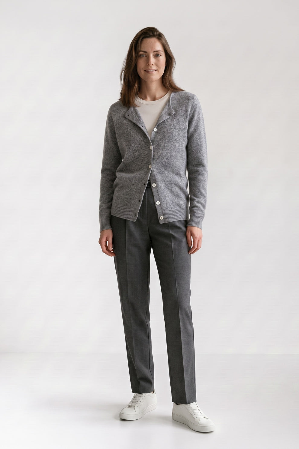 Women's Cardigan Sweaters | Button Front — Grey — front view — on model
