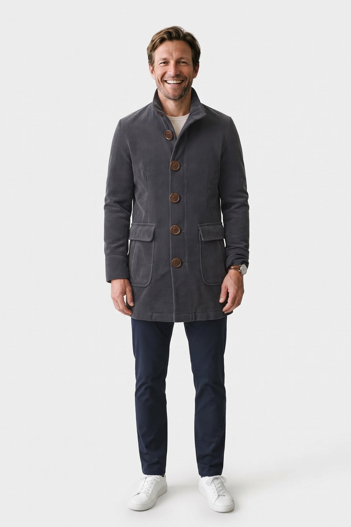 Men's Stand Collar Jacket | Button Front — Grey — front view — on model